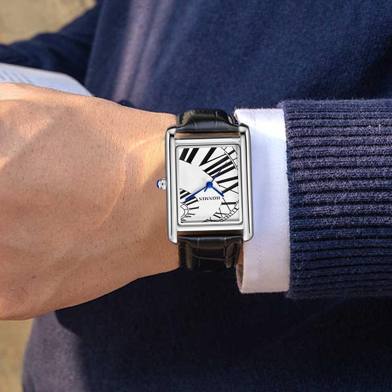 Men's Classic Minimalist Square Dial Leather Strap Waterproof Wristwatch