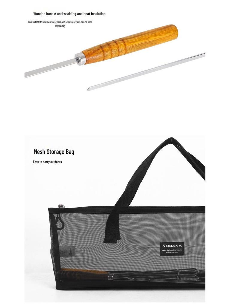 Korean Outdoor BBQ Skewers: 7-Piece Stainless Steel Set with U-Shaped Wooden Handles