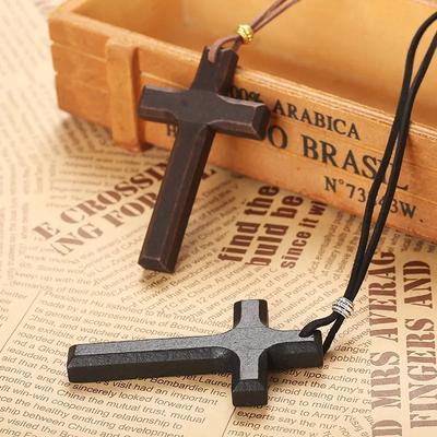 Fashion Cross Wooden Pendant Men's and Women's Necklace Black Brown Sweater Chain Rope Religious Neutral Jewelry Accessories