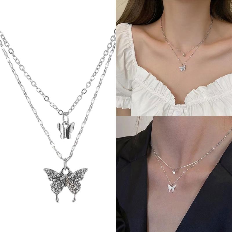 Fashionable Women's Necklace with Butterfly Pendant Stylish Double Layer Clavicle Chain Accessory for Fashionistas