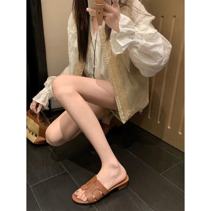 Sheepskin~ Lady dragging holiday wind woven slippers women's summer thick heel leather one-word cool slippers outside