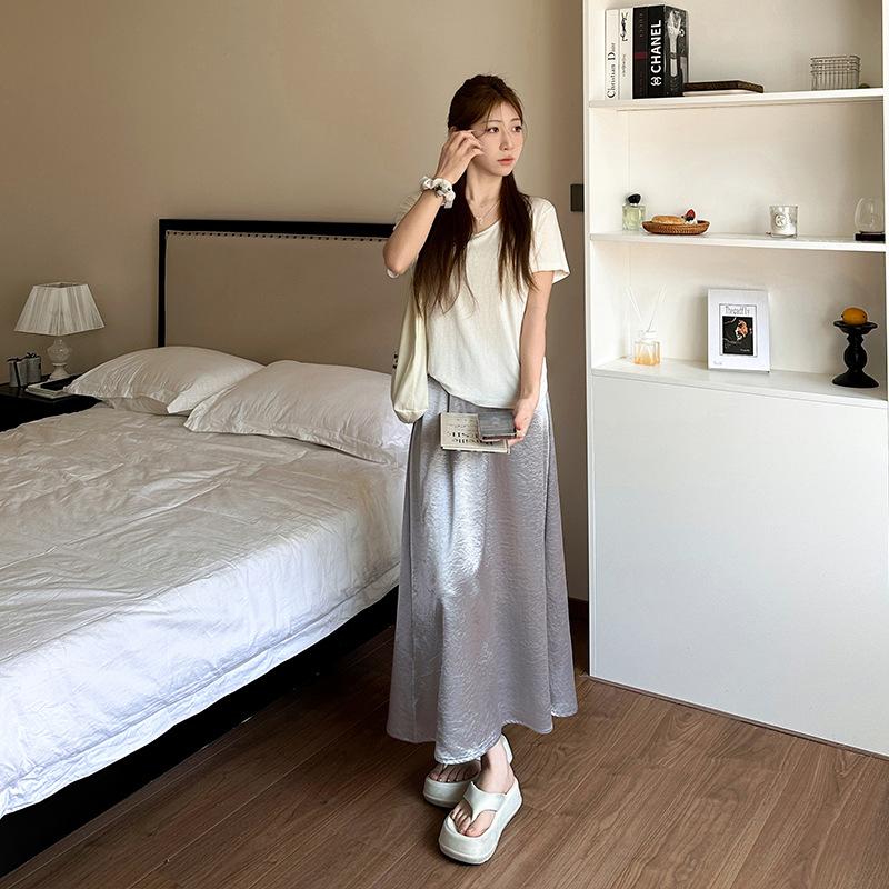 Saténová acetátová hedvábná sukně na léto Nová sukně s vysokým pasem, zeštíhlující, středně dlouhá, boková, rybí ocas, áčková, dlouhá sukně