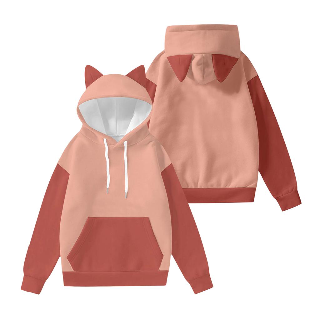 Women's Fashion Long-Sleeved Color-Blocked Printed Hooded Sweatshirt With Ears