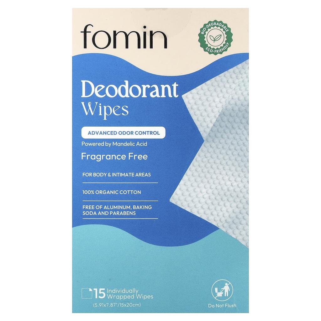 Fomin, Deodorant Wipes, Fragrance Free, 15 Individually Wrapped Wipes