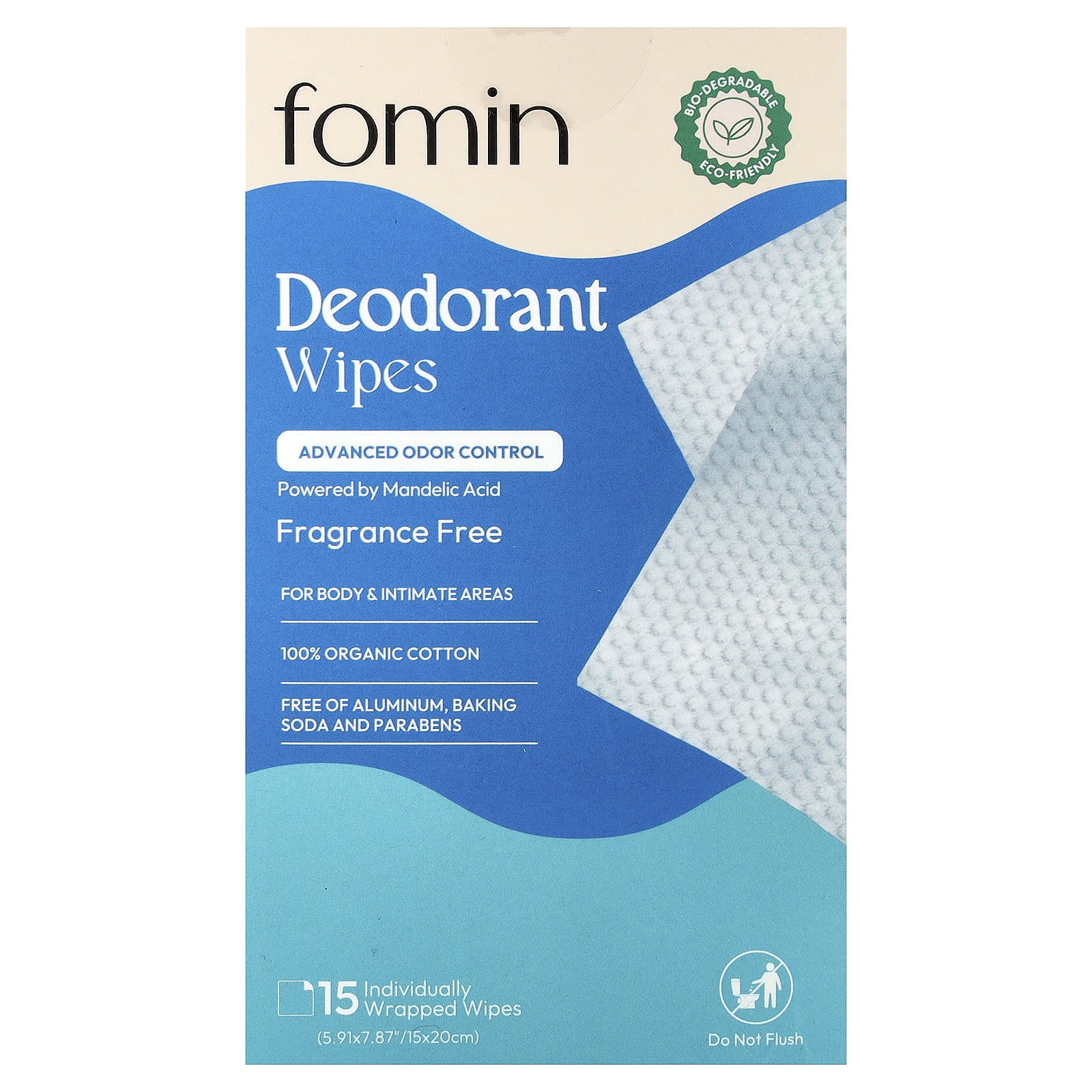 

fomin, Deodorant Wipes, Fragrance Free, 15 Individually Wrapped Wipes