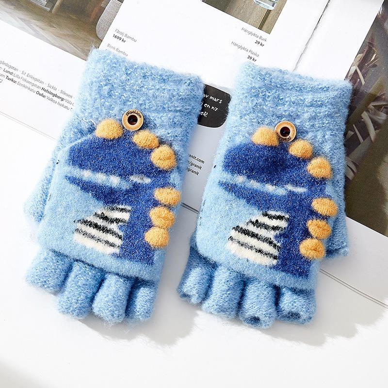 -Year-old Children's Cartoon Knitted Half-finger Flip Gloves Winter Warm Cute Dinosaur Boy Student Writing