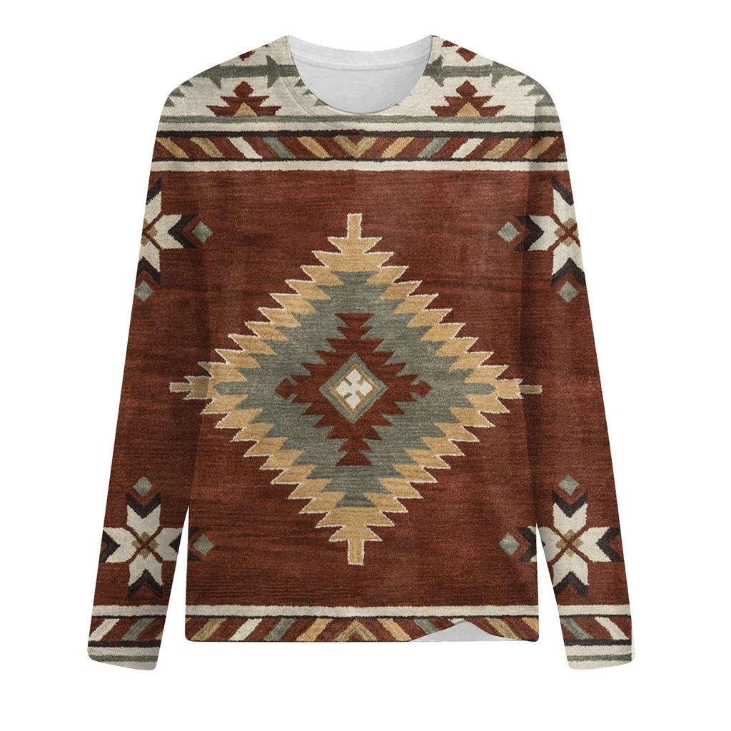 Women's Casual Fashion Ethnic Print Long Sleeve O-Neck Pullover Top