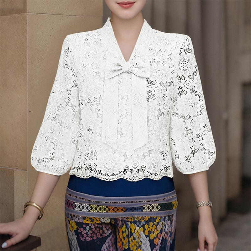 

ZANZEA Women Casual V-Neck 3/4 Sleeve Patchwork Lace Blouse M белый