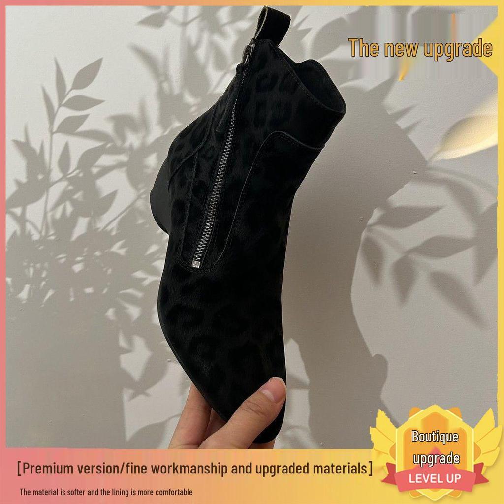 Genuine Leather French Retro Ankle Boots for Women - 2025 Autumn/Winter, Pointed Toe Wedge Heel, Soft Leopard Print Sole.
