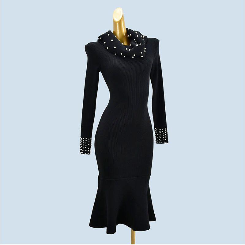 

Heavy Craft Beaded Stylish Autumn and Winter Western Style Slim Fit Sheath Long-Sleeved Fishtail Dress Mid Length Long Length Dress Women Black All yards