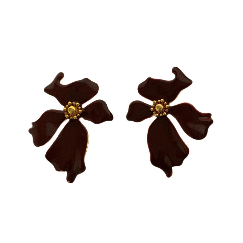 Burgundy Enamel Flower Ring Earrings Earrings Women'S Fashion Personality Temperament Advanced Sense Light Luxury Exquisite Autumn And Winter Earrings
