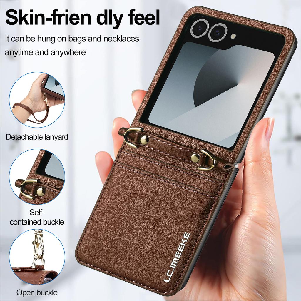 Crossbody Cards Solt Wallet Leather Case For Samsung Galaxy Z Flip 7 6 5 4 5G 3 7FE Flip7 Bag Strap Long Lanyard Business Cover