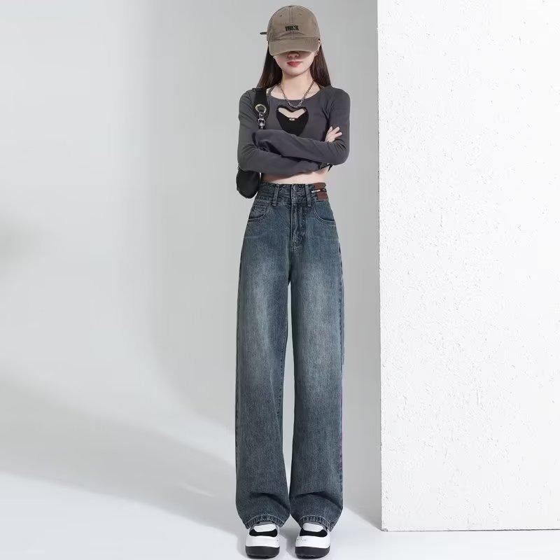 Nostalgic Retro Jeans Women's Spring Leather Brand Design Sense Ic Loose High Waist Straight Mopping Pants