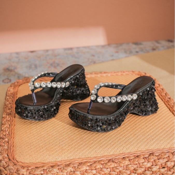 Flip Flops Damen Plateau Keilsandaletten Damen Sommer Draußen Neu Mittelhoch Absatz Strass Pailletten Fischgräten Sandalen