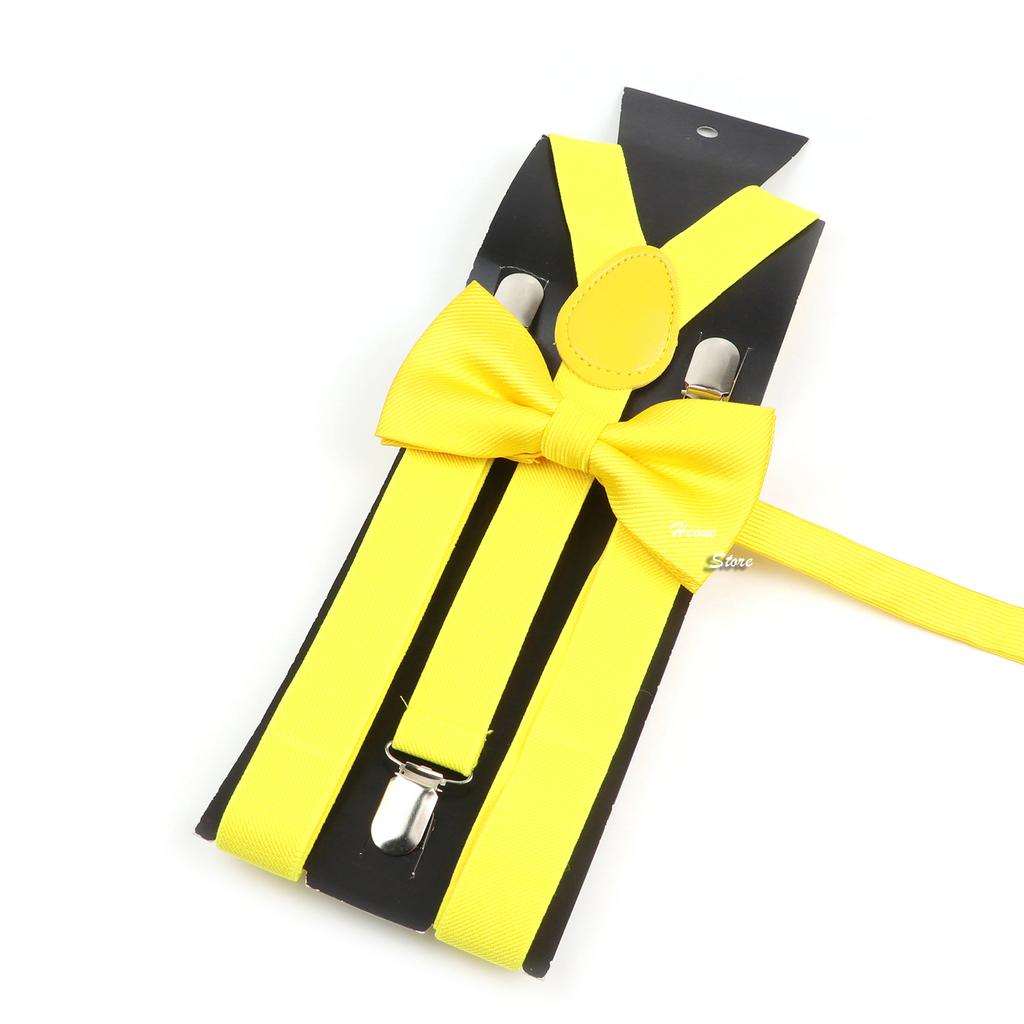 Men Kids Yellow Khaki Brown Suspender Bowtie Set Elastic Adjustable Y-Back Braces Straps Daily Father-Child Braces Accessory