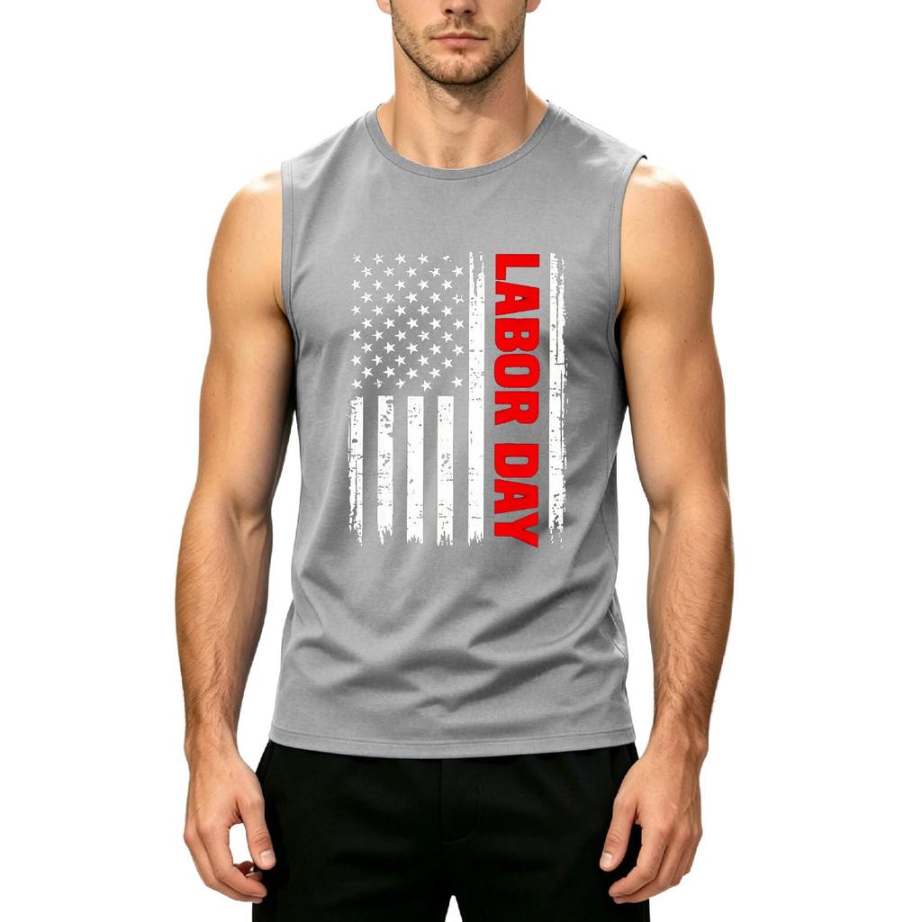 Men's Sleeveless Casual Tank Top with Printed American Flag and Labor Day Text Comfortable Fit for Summer Outdoor Activities