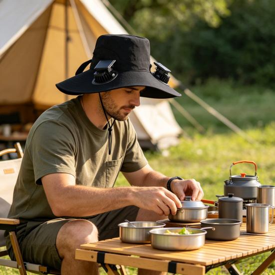 Chapéu Balde com Ventilador Solar Unissex Ajustável Aba Larga Chapéu de Sol com Painel Solar Integrado Ventilador de Resfriamento Proteção UV Chapéu de Pescador
