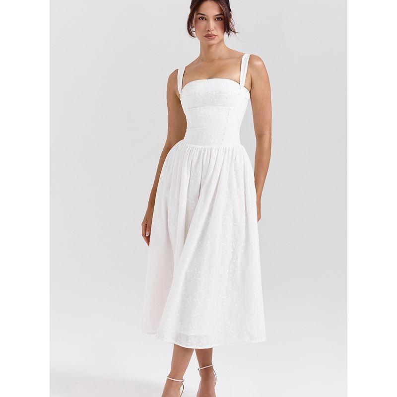 House Same Style Moonlight Dew French Style Pastoral Style Embroidered White Suspender Skirt Waist Hugging Slimming Long Dress