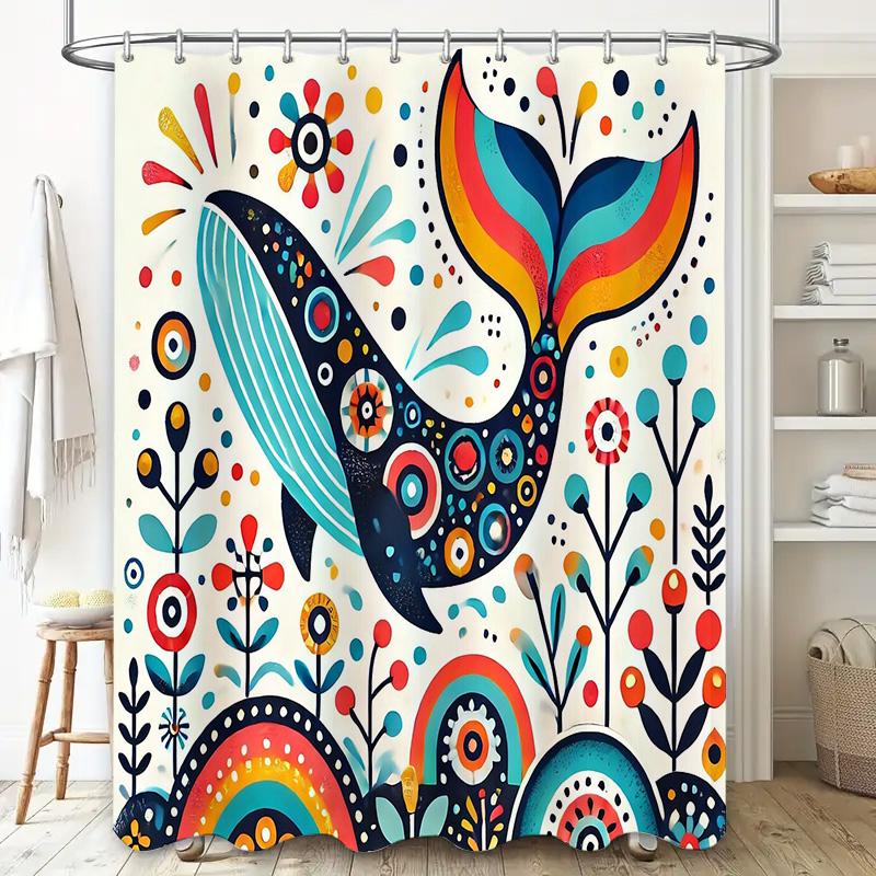 Whale Shower Curtain Ocean Blue Whale Decor Bathroom Set Coastal Sea Life Art Print Fabric Backdrop Waterproof