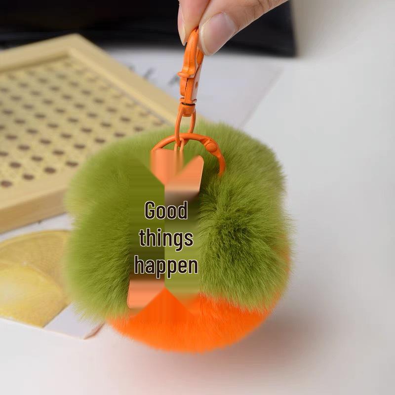 Small Persimmon Pendant with Rex Rabbit Fur, Cute Plush Ball Keychain Bag Charm - Birthday Gift