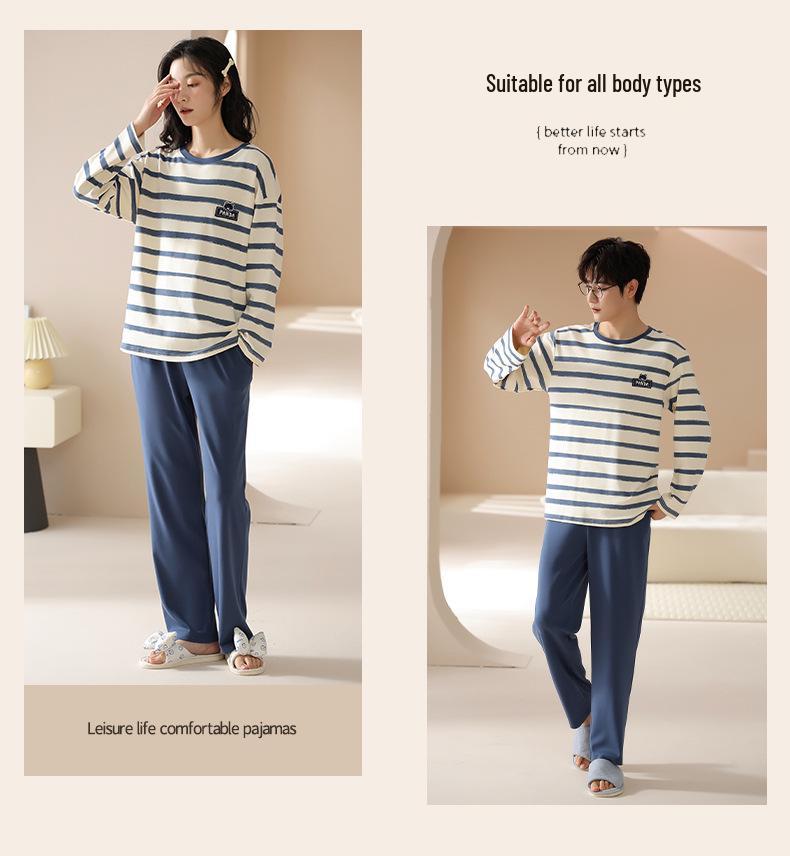 Spring Couple's Striped Pajama Set: Women's Pure Cotton Long Sleeve & Men's Loose Fit Homewear