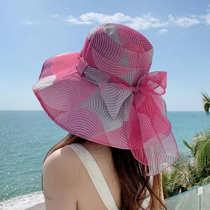 WTEMPO Retro Elegant Wide Brim Mesh Bow Large Sun Hats Women's Summer Casual Versatile Outdoor Beach Holiday Sunshade Hats