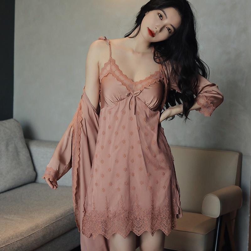 Suspender pajamas women's summer thin pajamas with chest pads Ice silk pajamas women's lace mesh two-piece set Spring and Autumn loungewear