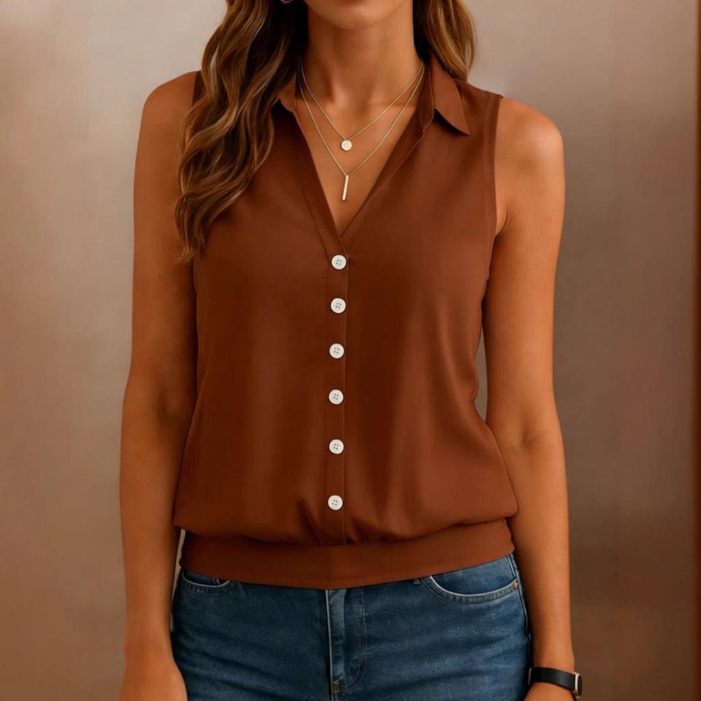 2026 European and American Summer Women's Solid Color Sleeveless Button-Up Lapel Shirt