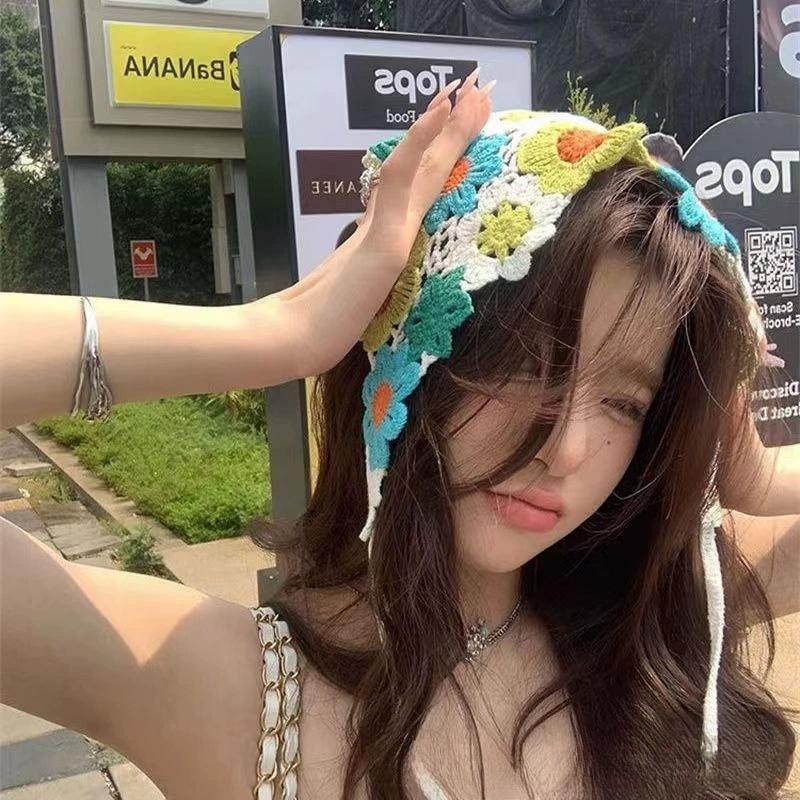 French Pastoral Style Triangle Headband Handmade Crochet Flower Headscarf Hat Knitted Girls Headband Towel
