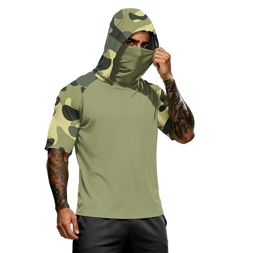 Camiseta con Capucha de Manga Corta para Hombre Casual Estampado de Camuflaje Manga Raglán Pulóver Top Ligero para Deportes al Aire Libre