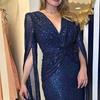 Women's Sequin Prom Dress Long Cape Sleeve Front Twist Knot Maxi Dress Sparkly V Neck Formal Evening Party Wedding Gown