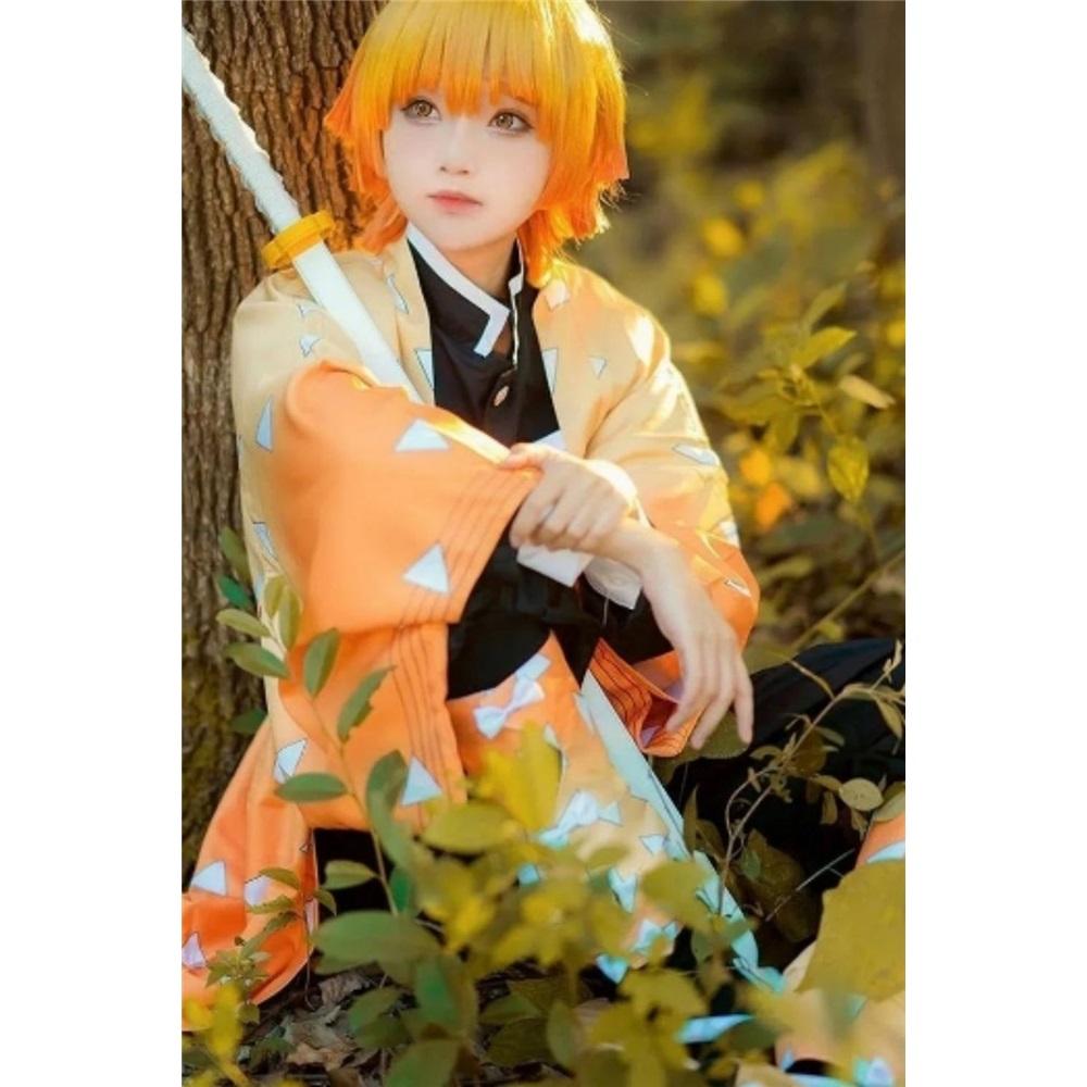 Agatsuma Zenitsu Cosplay Costume Wig Haori Embroidery Top Elastic Pants Belt Rose Net Cos Halloween Christmas Gift