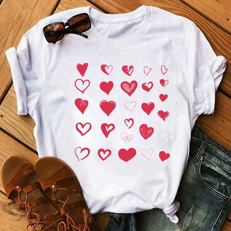 Summer Love Love Printed Fashion Cartoon White Loose Round Neck Pure Cotton Short Sleeved Top T-Shirts Women’s