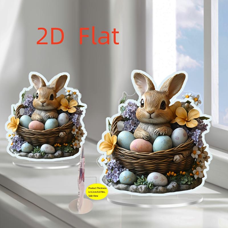 2D Flat Charming Rabbit & Colorful Easter Egg Acrylic Tabletop Display, Floral Basket, Suitable for Wall Decoration, Porch, Room, Villa, Accents Home,