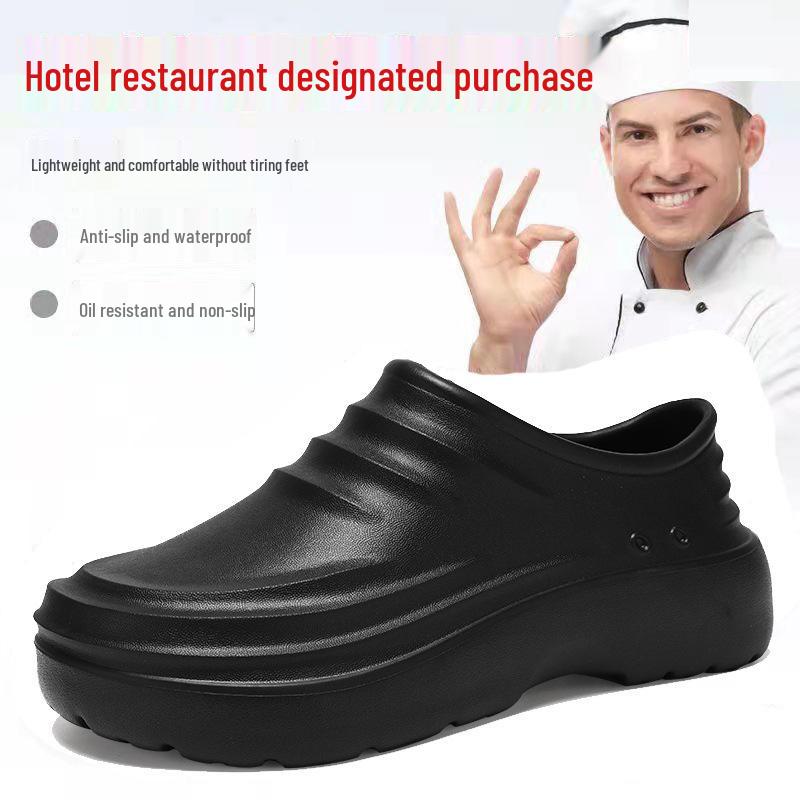 Men's Waterproof Non-Slip Black Leather Chef Shoes - Oil-Proof, Wear-Resistant, Soft Sole Slip-On for Kitchen Work