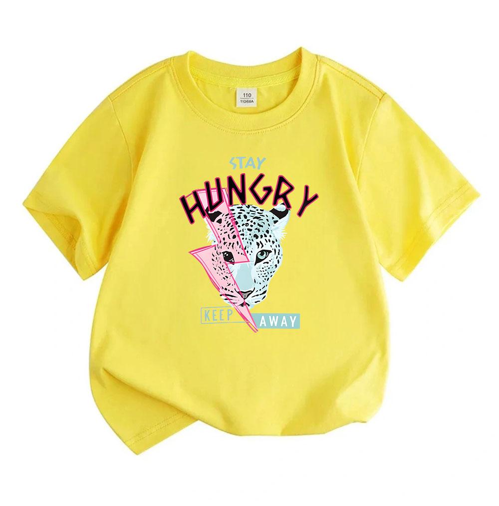 Kids Boys Girls 100% Cotton Short Sleeve Crew Neck T-Shirt, Stay Hungry Leopard Lightning Print Casual Soft Breathable Summer Tee for Children Daily W