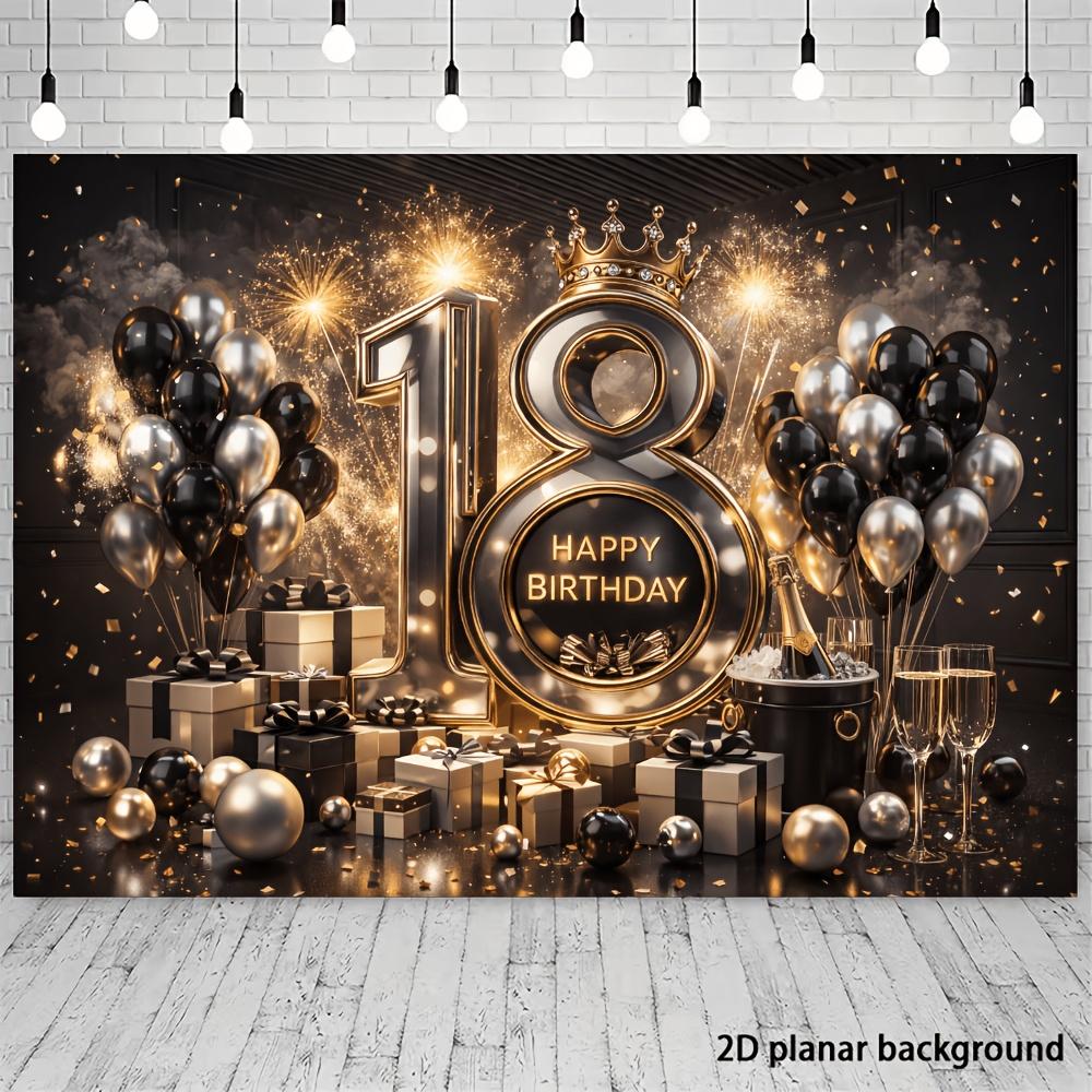 Sfondo banner festa di compleanno 18 anni piano 2D - Tema compleanno lussuoso nero e oro articolo decorativo da parete multifunzionale