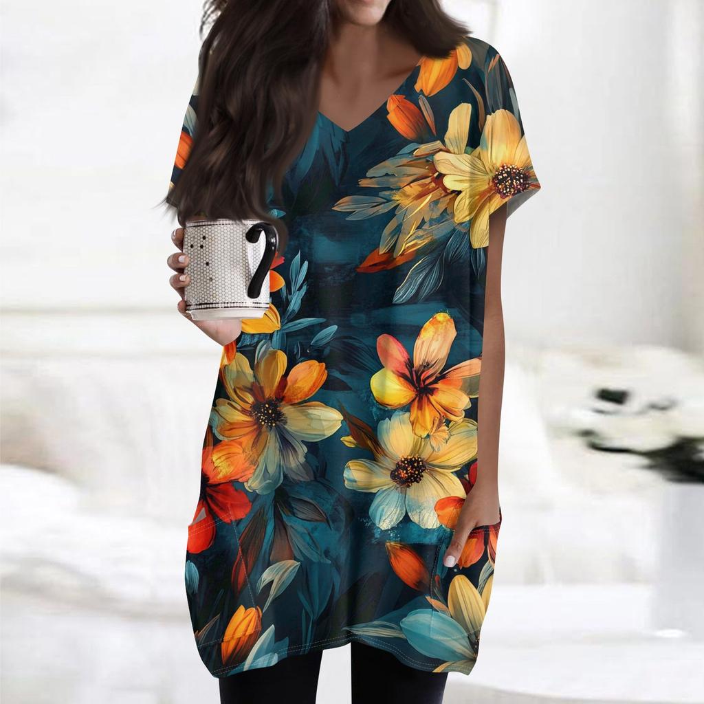Women's Retro Flower And Leaf Print V-Neck Midi Pocket Short Sleeve Top