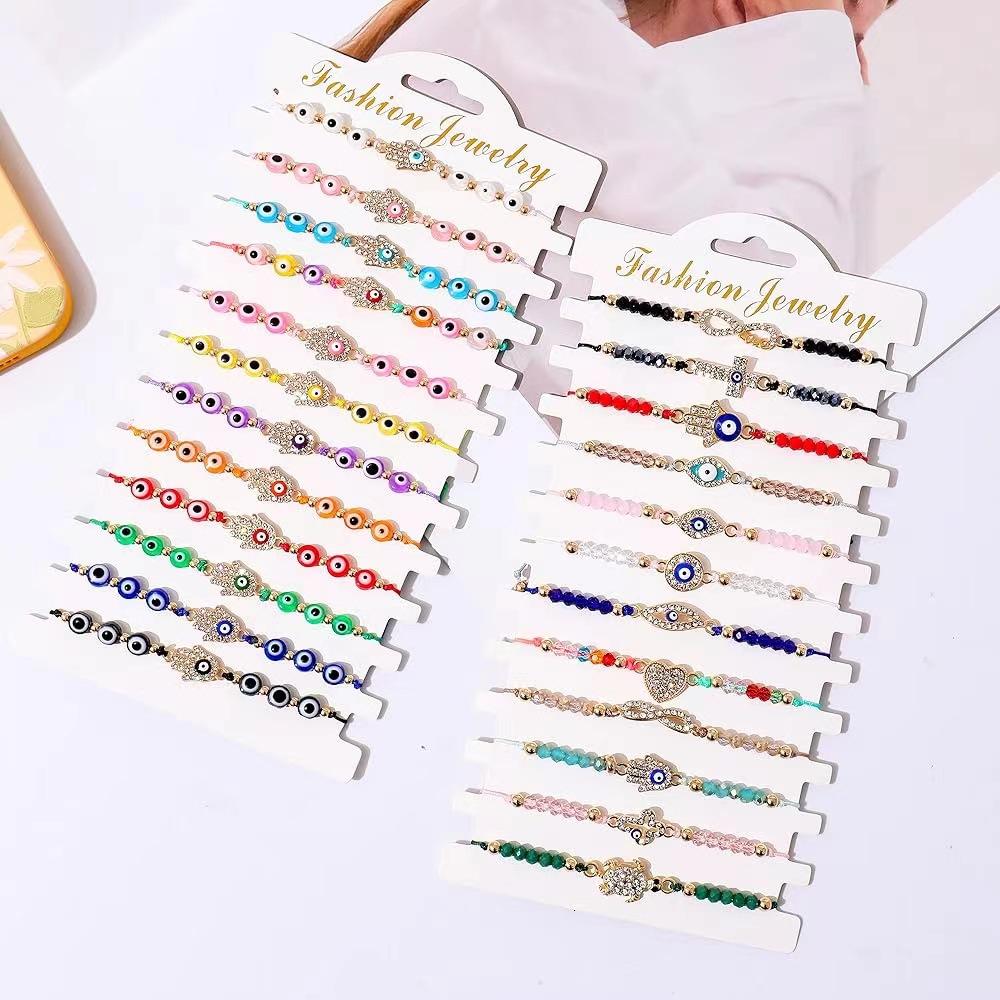 12Pcs Evil Eye Lucky Bracelet Set For Women Crystal Hand Cross Charm Adjustable Rope Chain Wrap Bangle Men Fashion Party Jewelry