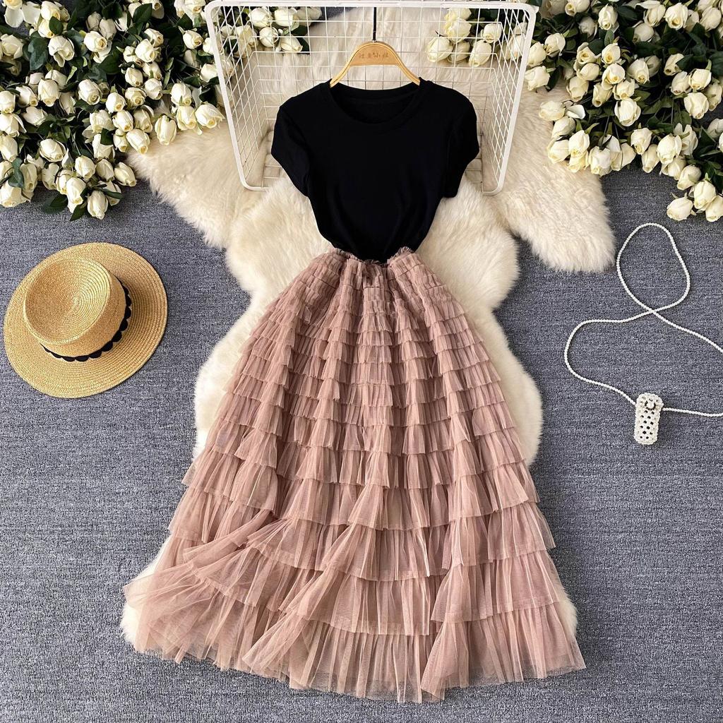 European and American style light luxury high-end dress women's summer mesh stitching design sense waist thin super fairy dress