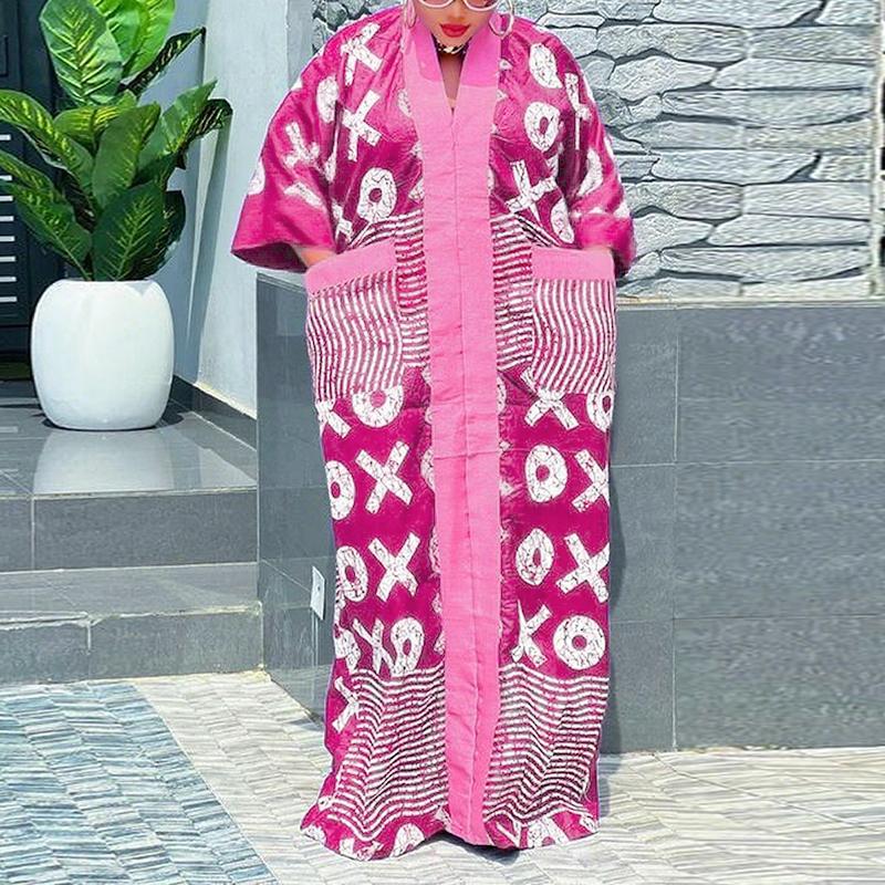 Oversized Women V Neck Long Sleeve Patchwork Print Casual Loose Maxi Kaftan Dress