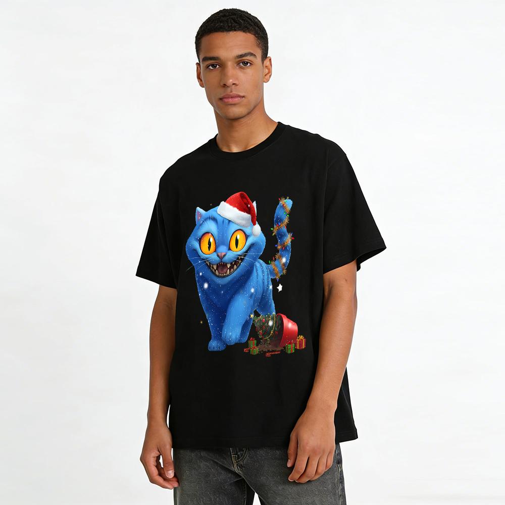 Cheshire Cat Christmas Print Top Fun Cat Pattern Casual Long Sleeve T-shirt For Xmas Holiday Pure cotton T-shirt