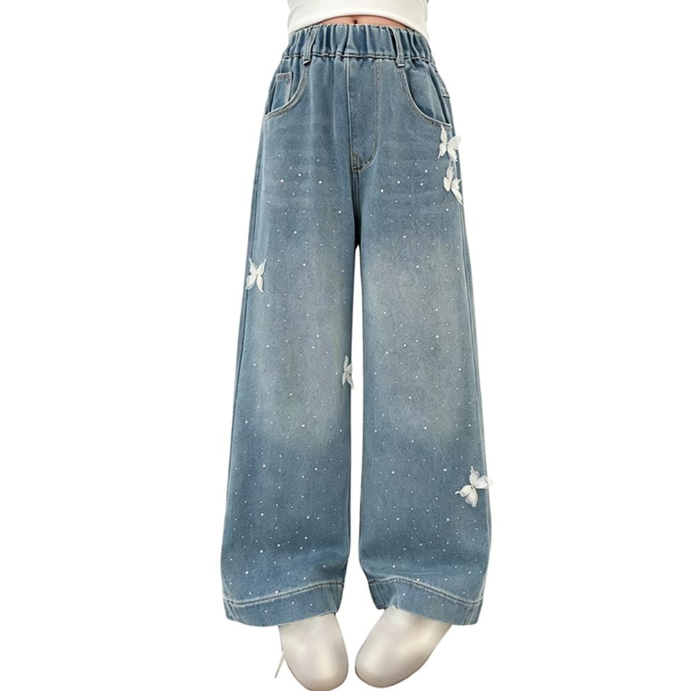 5-15 Years Kids Girls Denim Jeans with 3D Mesh Butterfly Embellishments 120