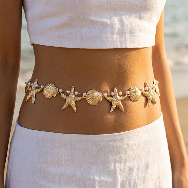 Boho Metal Starfish Shell Waist Chain for Women Girls Summer Beach Sexy Pearl Beaded Belly Chain Bikini Party Vacation Jewelry