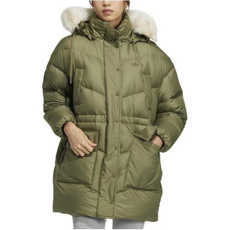 Adidas Originals Down Jacket Solid Color Zipper Stand Collar Hooded Duck Down Coat Women Jackets Green HS9515