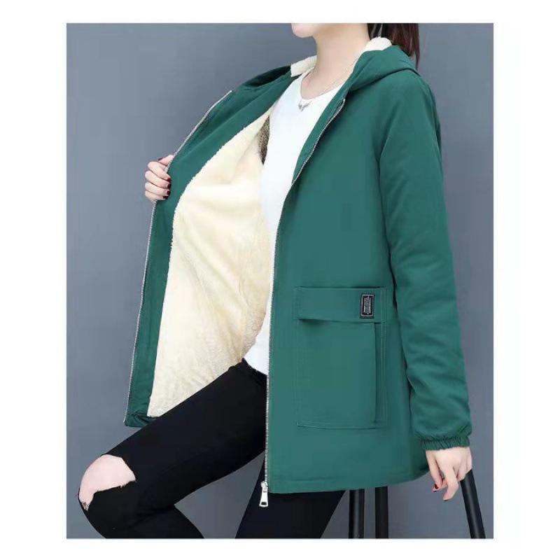 Dámská středně dlouhá bavlněná větrovka větší velikosti se sametovou podšívkou – podzimní/zimní módní tlustý kabát (300 Jin)