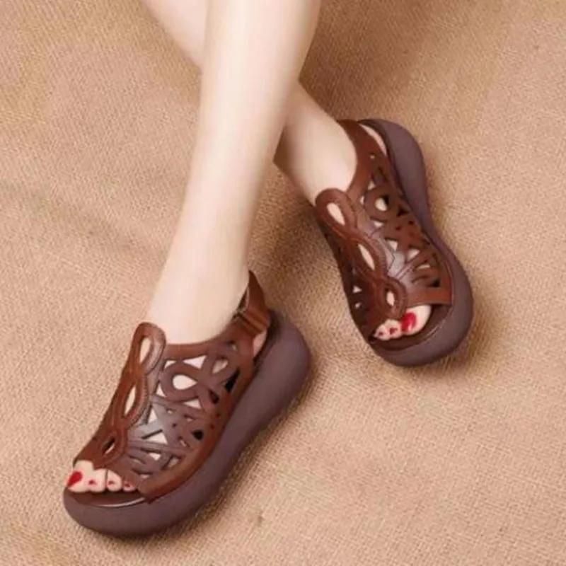Fashion Comemore Women's Wedge Sandals 2025 Summer Shoes Platform Casual Hollow Peep Toe Female Ladies Shoes Brown Retro Sandales Femmes