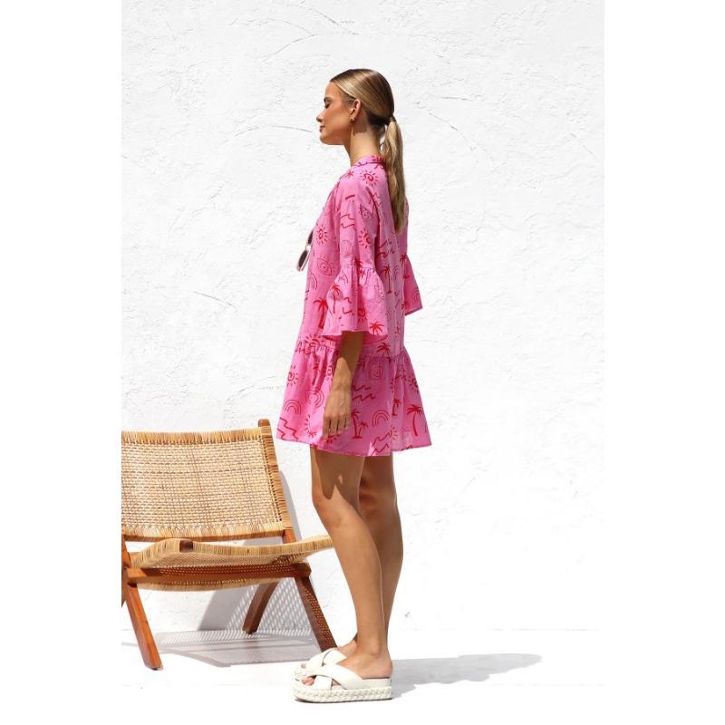 VEZFAA Women's Fashion Summer Spring 1/2 Sleeves POLO Neck Loose Waistline Casual Dresses