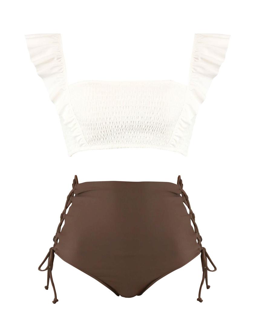 Swimwear Bikini Shirred Bandeau White x Brown [Sanai Paradise] Set, Bra, Non-Wired Bikini, 55-53-2-1612, Women's,