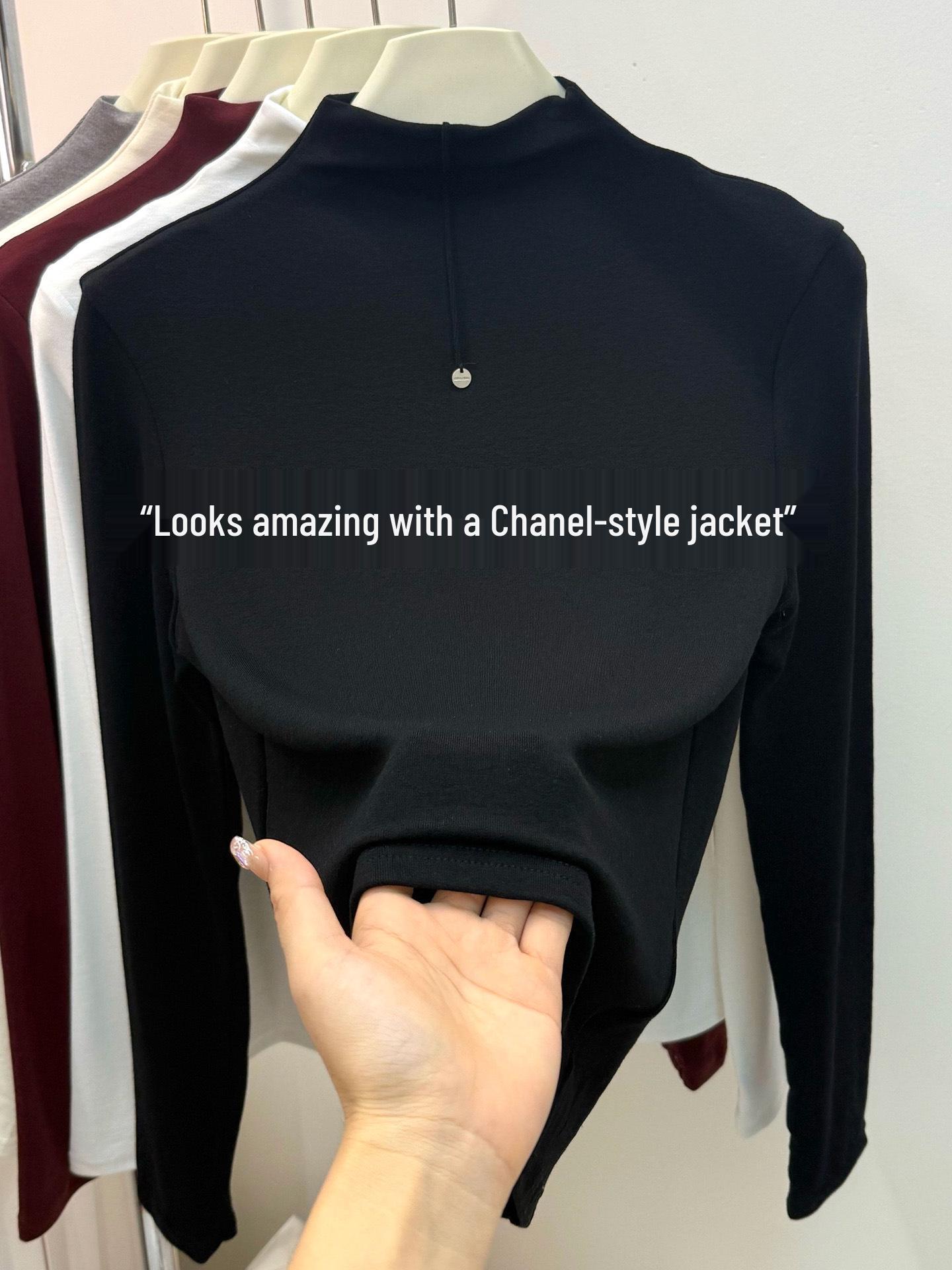 

Women s Slimming Elastic Cotton Base Layer Top with Mid-Neck Design, Solid Color, Fashionable Autumn/Winter Style. M (85-105 lbs) чёрный